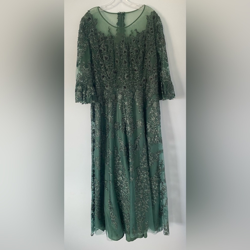 Mac Duggal Green High Neck Flutter Sleeve Embroidered A Line Evening Gown - Picture 3 of 7
